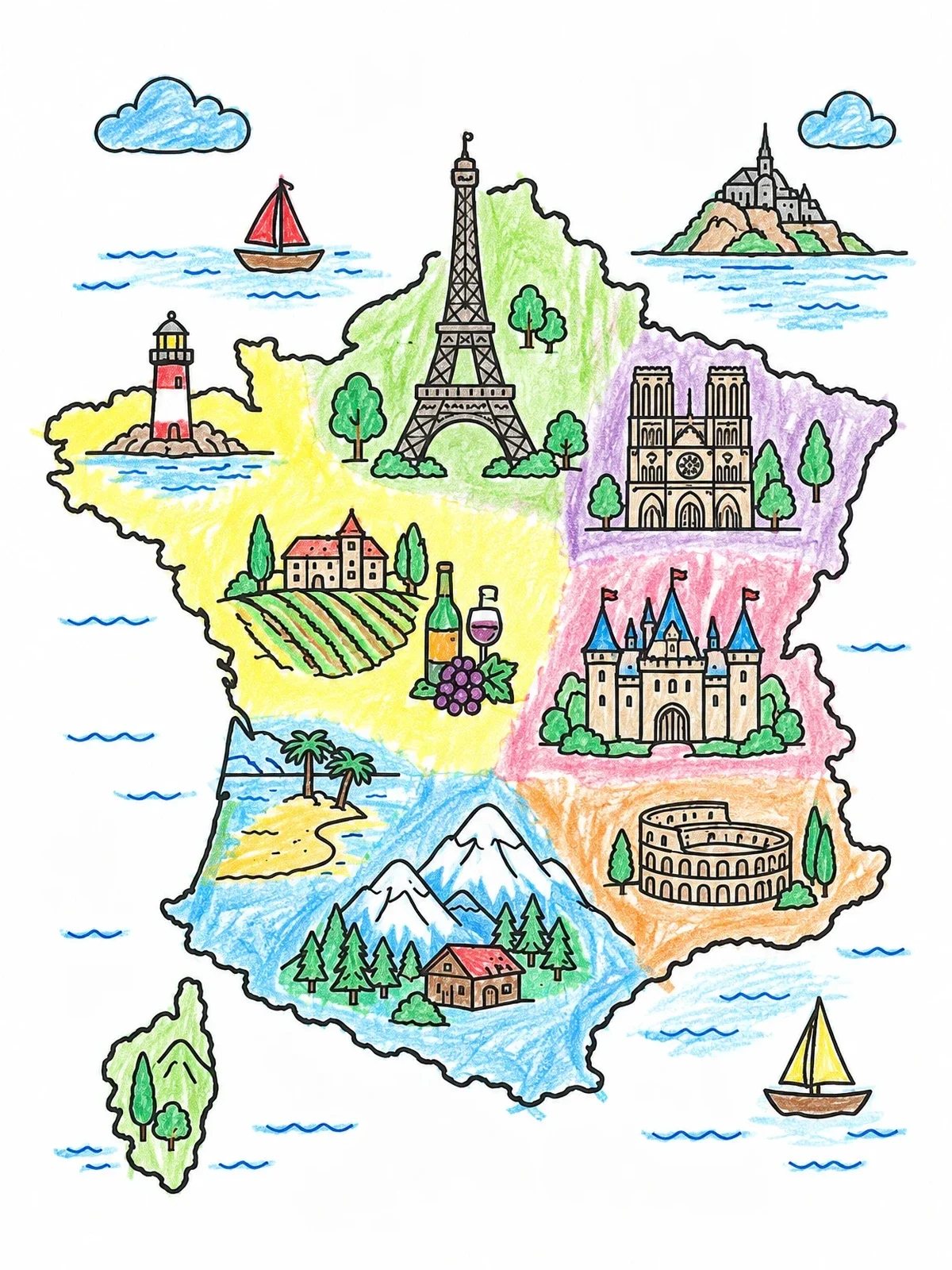 Colored example of the Illustrated Map Of France With Landmarks coloring page