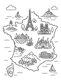 Free printable Illustrated Map Of France With Landmarks coloring page