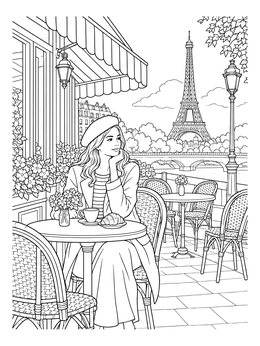 A woman relaxes at an outdoor bistro in this France coloring page featuring the Eiffel Tower.
