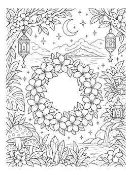 Free printable Frangipani Wreath Under The Moon coloring page