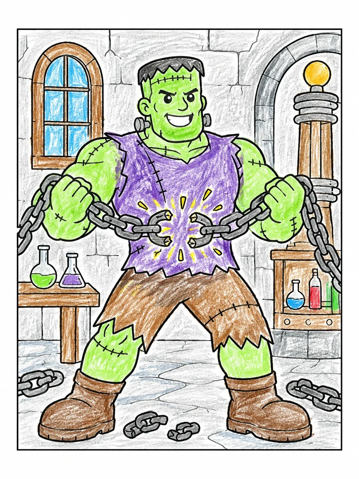 Colored example of the Friendly Frankenstein Monster Breaking Chains coloring page