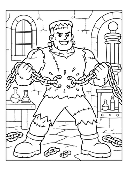 Frankenstein monster coloring page breaking heavy chains inside a stone laboratory.