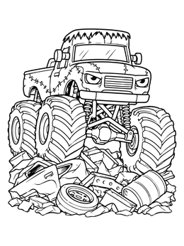 A Frankenstein monster truck coloring page crushing scrap metal and tires.