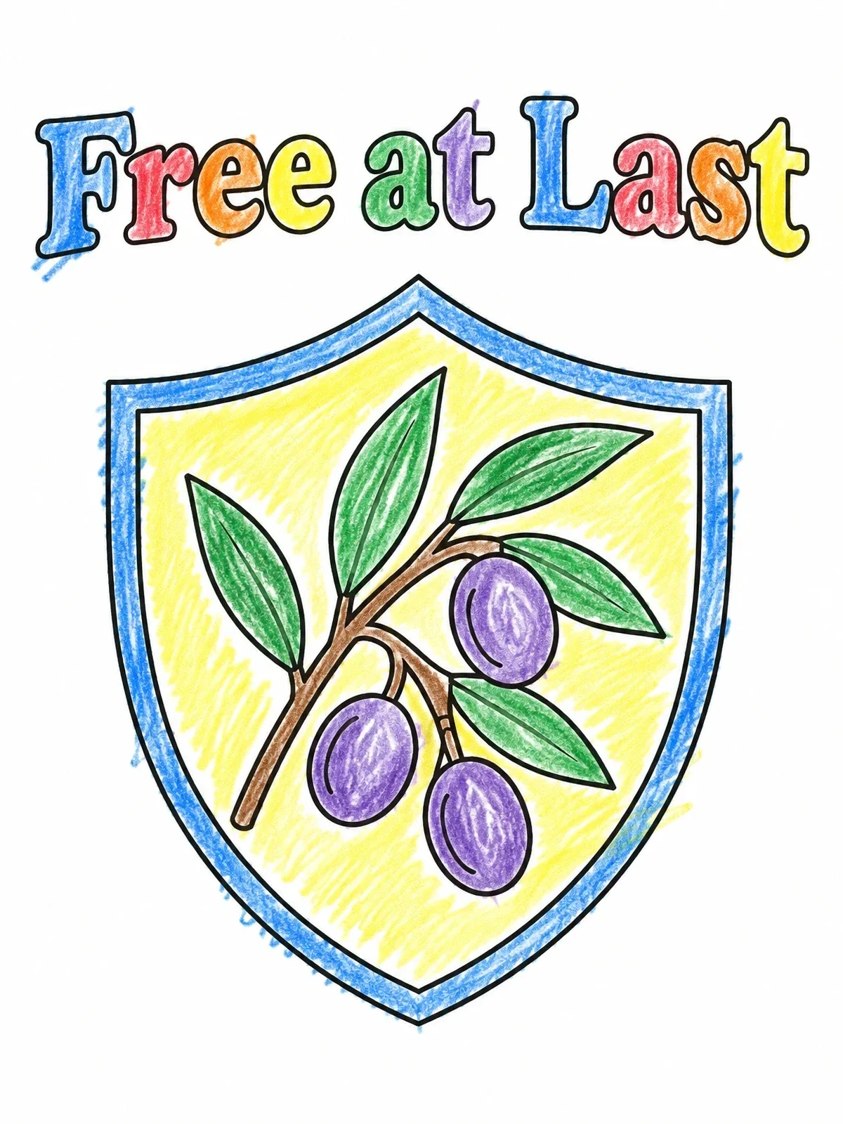 Colored example of the Free At Last Olive Branch Shield coloring page