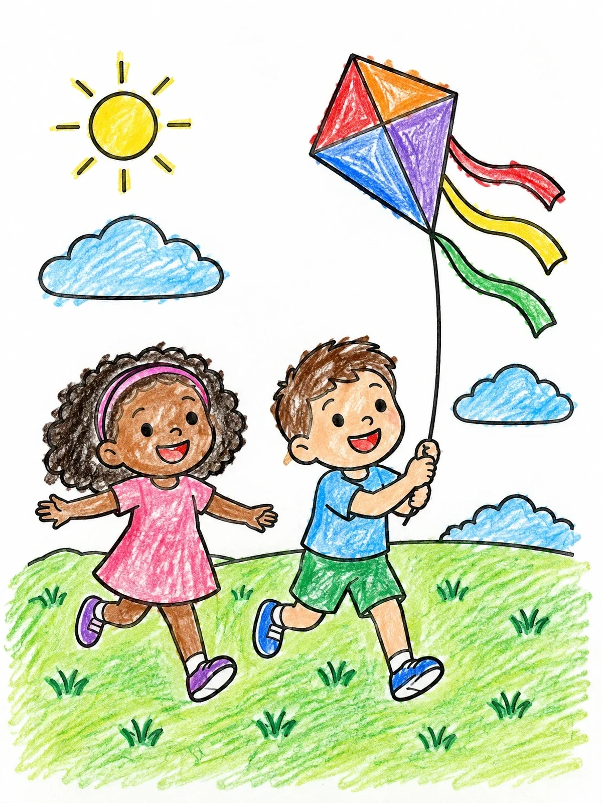 Colored example of the Children Flying A Kite Outdoors coloring page