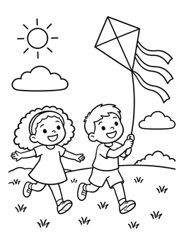 Free printable Children Flying A Kite Outdoors coloring page
