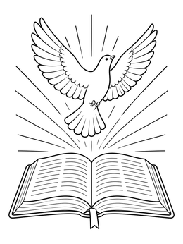 An inspiring freedom coloring page depicting a peaceful dove rising with rays of light from an open Bible.