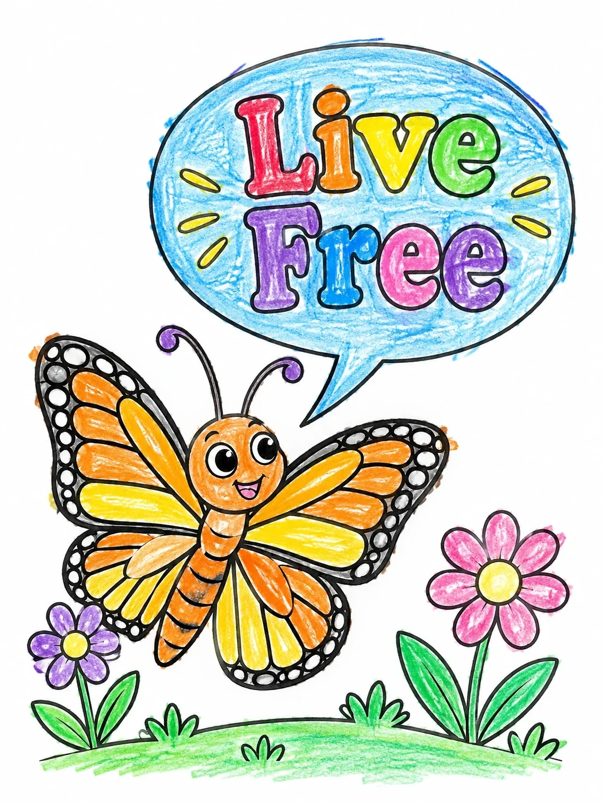 Colored example of the Happy Butterfly Saying Live Free coloring page