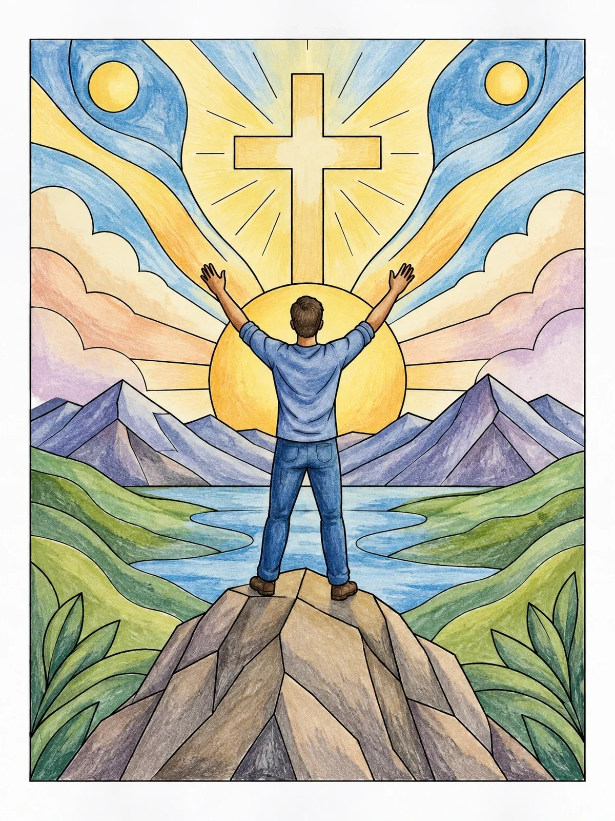 Colored example of the Mountain Sunrise With Cross coloring page