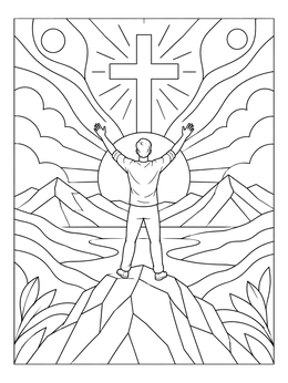 A man on a mountain summit looks toward a radiant cross in this freedom coloring page.