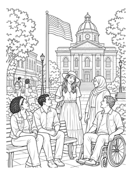 A peaceful freedom coloring page depicting a diverse group of friends in front of a historic courthouse and flag.