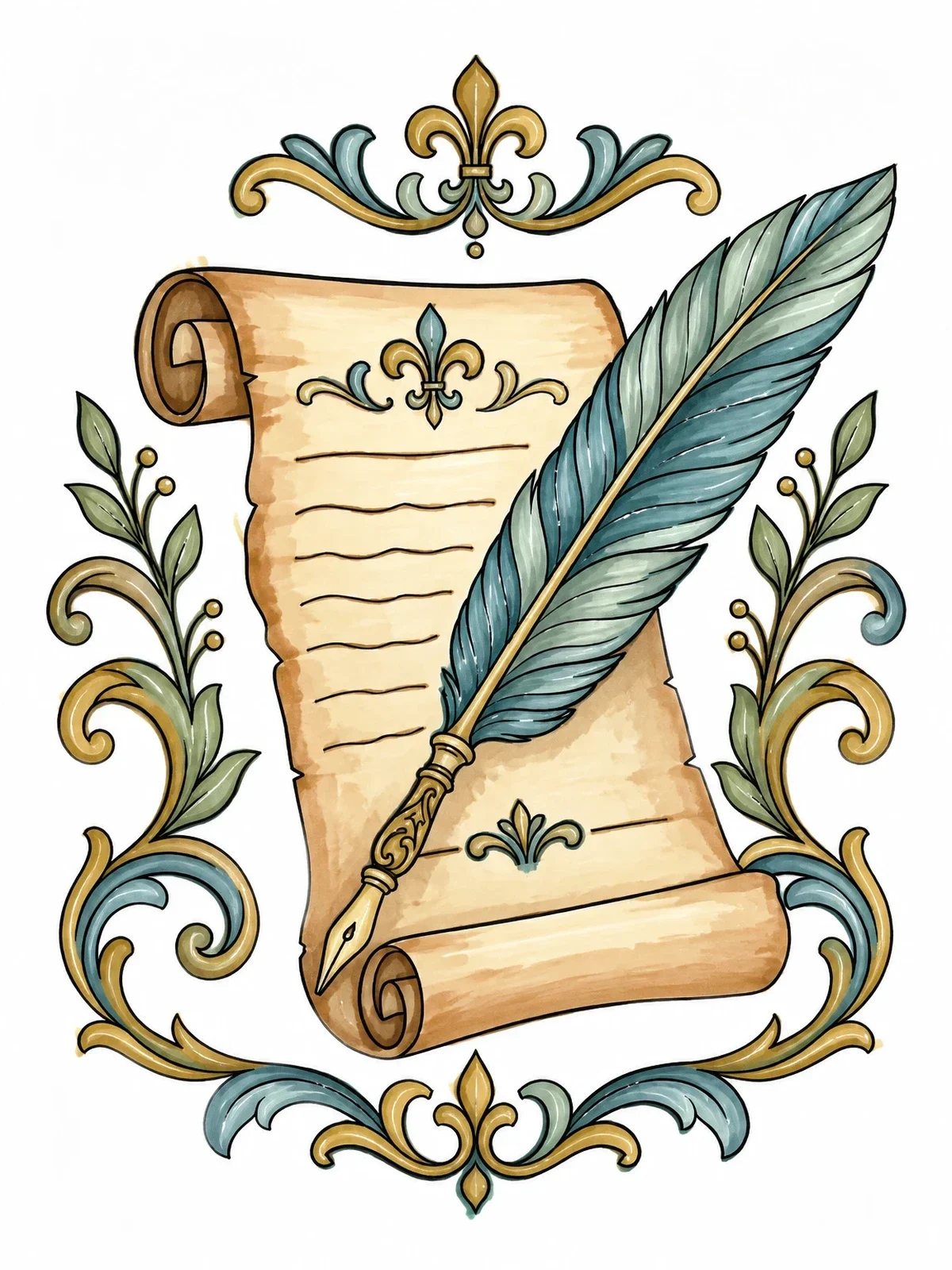 Colored example of the Vintage Quill Pen And Parchment Scroll coloring page