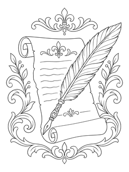 An ornate freedom coloring page featuring a quill pen resting on a historic parchment scroll.