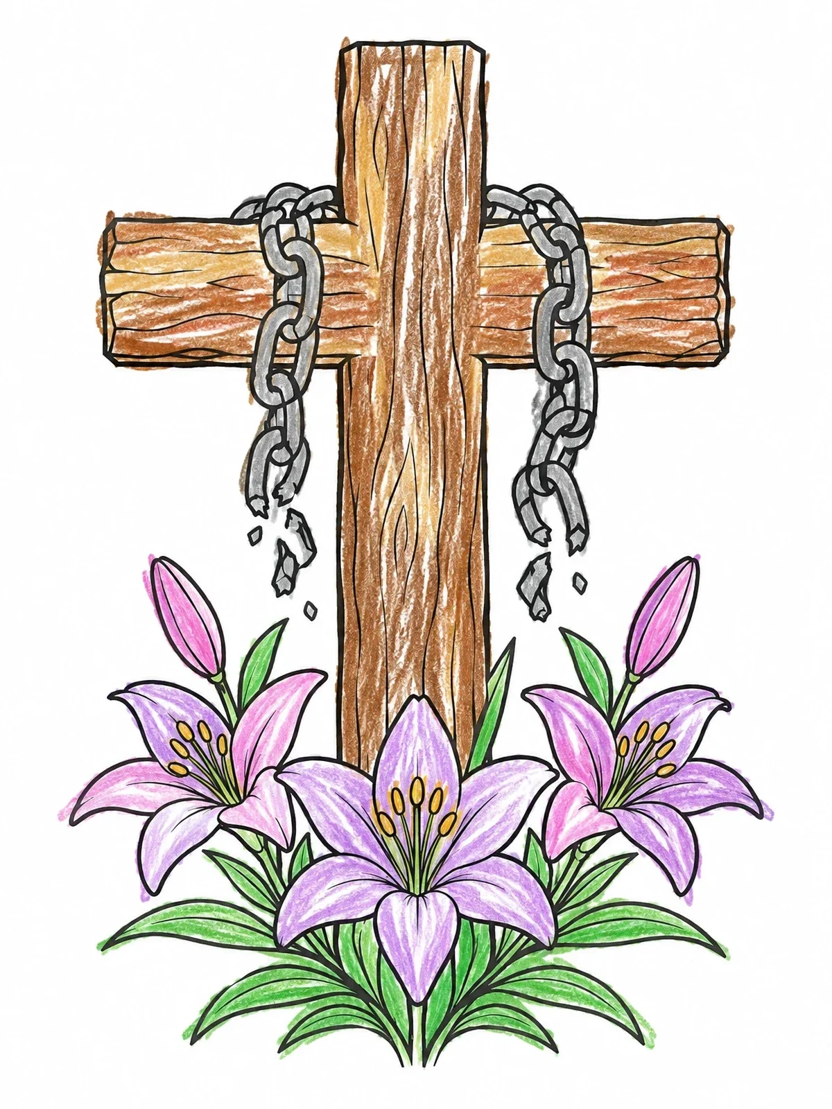 Colored example of the Cross With Broken Chains And Lilies coloring page