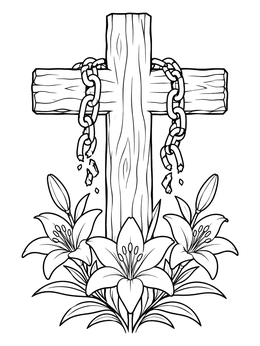 A freedom coloring page featuring a wooden cross with broken chains and blooming lilies.