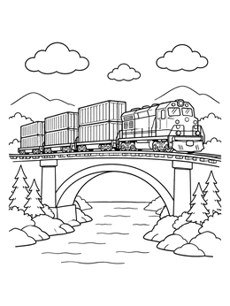 Free printable Freight Train Crossing An Arched Bridge coloring page