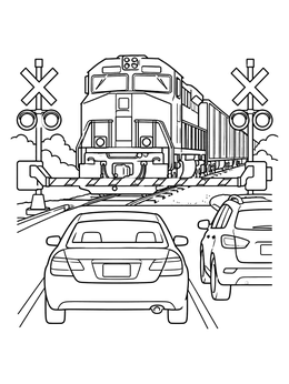 Cars waiting at lowered barriers in this train coloring page as a large locomotive passes.