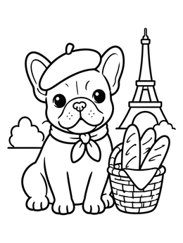 Free printable French Bulldog With Baguettes In Paris coloring page
