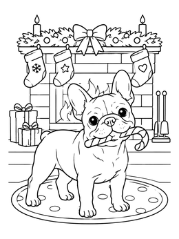 A cute french bulldog coloring page showing a pup holding a candy cane by the fireplace.