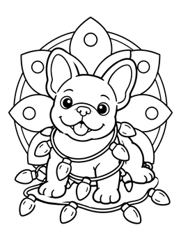 A cheerful puppy in this french bulldog coloring page sitting wrapped in string lights.