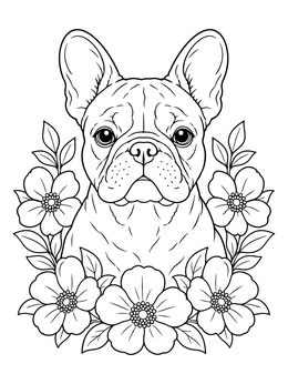 A floral french bulldog coloring page featuring a cute dog surrounded by blooming blossoms.