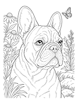 A detailed french bulldog coloring page with flowers and a butterfly in the background.
