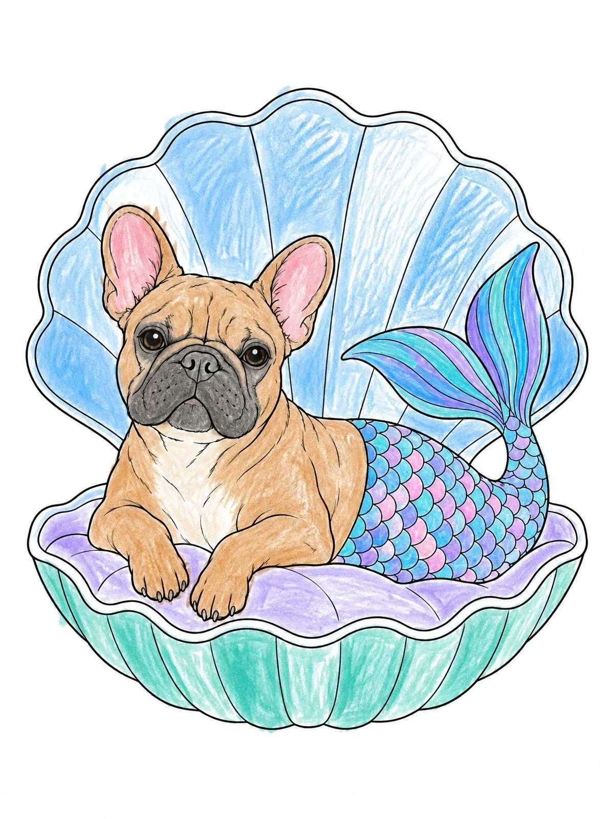 Colored example of the French Bulldog Mermaid In Seashell coloring page
