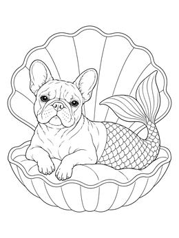 Free printable French Bulldog Mermaid In Seashell coloring page