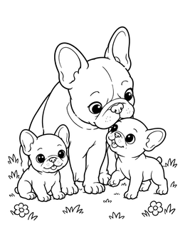 A mother and two pups outdoors on this sweet french bulldog coloring page.