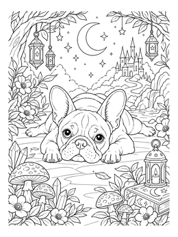 A peaceful french bulldog coloring page showing a pup resting outdoors near lanterns and a castle.