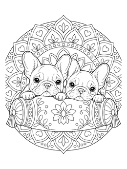 Two cute pups on a bolster pillow in this french bulldog coloring page with a mandala background.
