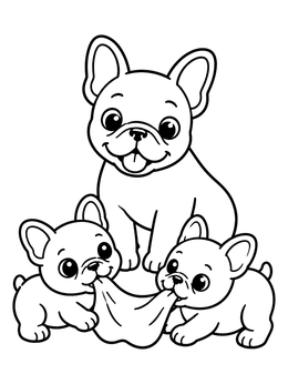 Two playful puppies and their mom on a sweet french bulldog coloring page.