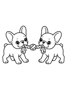 Free printable French Bulldog Puppies Tug Of War coloring page