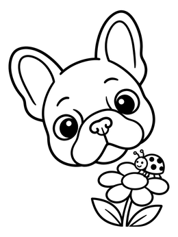 A sweet french bulldog coloring page with a puppy looking at a tiny ladybug on a flower.
