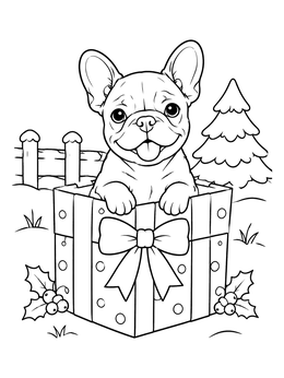 A cheerful puppy sits inside a wrapped present in this french bulldog coloring page.
