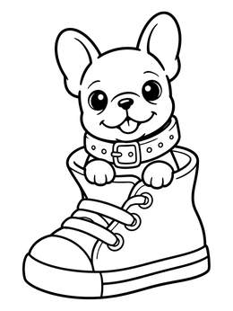 A french bulldog coloring page with a cute puppy peeking out of a sneaker.