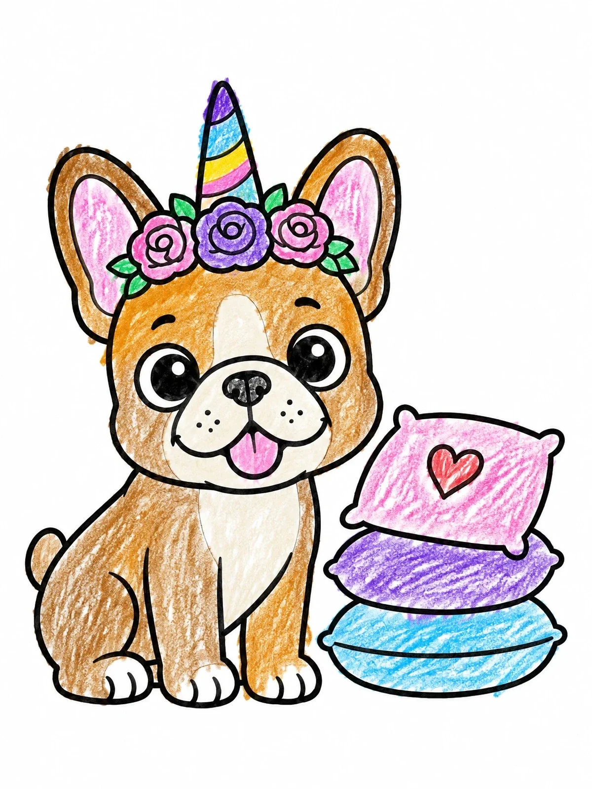 Colored example of the French Bulldog Unicorn With Pillows coloring page