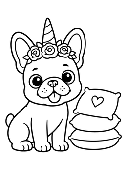 Free printable French Bulldog Unicorn With Pillows coloring page