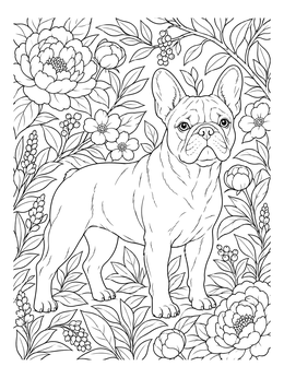 Detailed french bulldog coloring page standing amidst floral blooms and leaves.