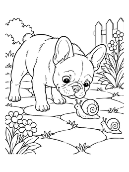 Free printable French Bulldog Watching Garden Snails coloring page