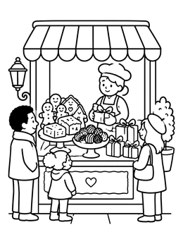 Free printable Cozy French Christmas Bakery Stand coloring page