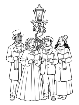 A group sings carols by a streetlamp in this french christmas coloring page.