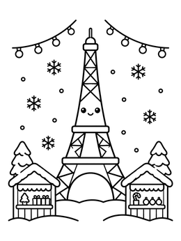 Free printable Cute Eiffel Tower Christmas Market coloring page