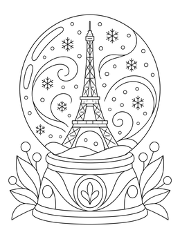 An Eiffel Tower snow globe on a french christmas coloring page.