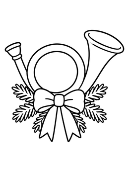 A festive horn decorated with a bow and pine needles on this french christmas coloring page.