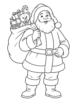 A cheerful Père Noël carrying a bag of toys on this french christmas coloring page.