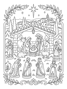 A detailed french christmas coloring page showing a traditional Provençal nativity scene with santon figurines.
