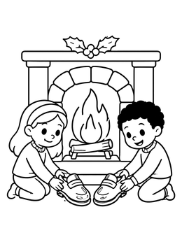 Free printable Children Placing Shoes By The Fireplace coloring page
