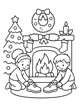 Free printable Children Placing Shoes By The Fireplace coloring page