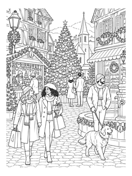 A lively french christmas coloring page showing people strolling through a decorated village square.